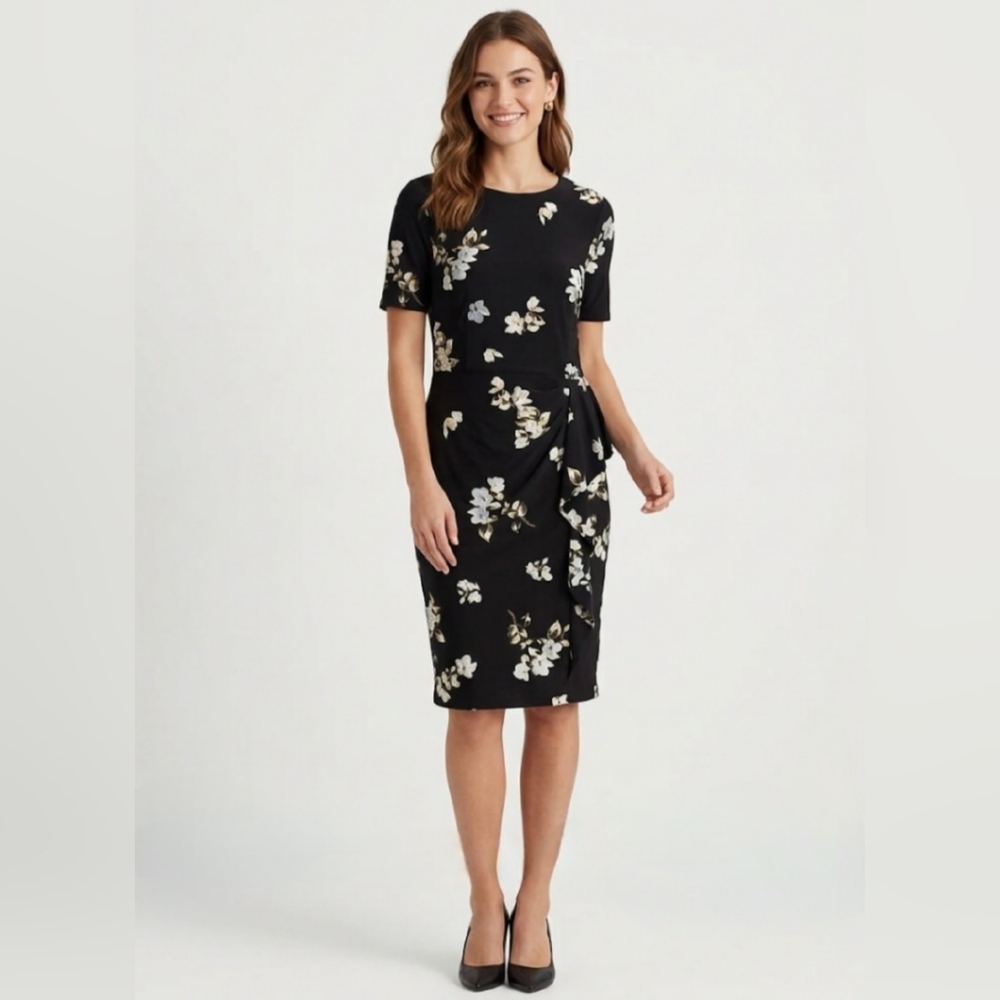 ✨Lauren Ralph Lauren Black Floral Ruffle Cascade Sheath Dress✨️Like New✨Size 6 - Picture 2 of 6
